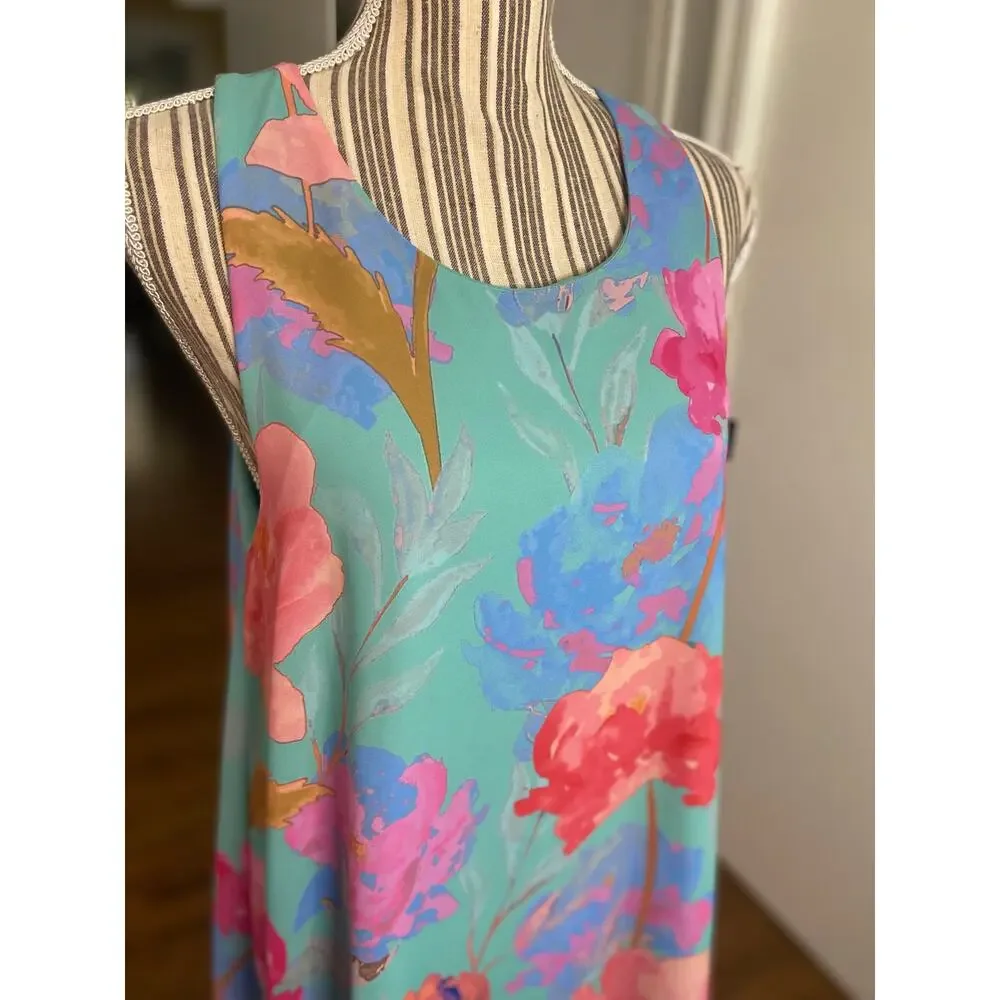 Everly torquoise tropical print sleeveless chiffon overlay dress